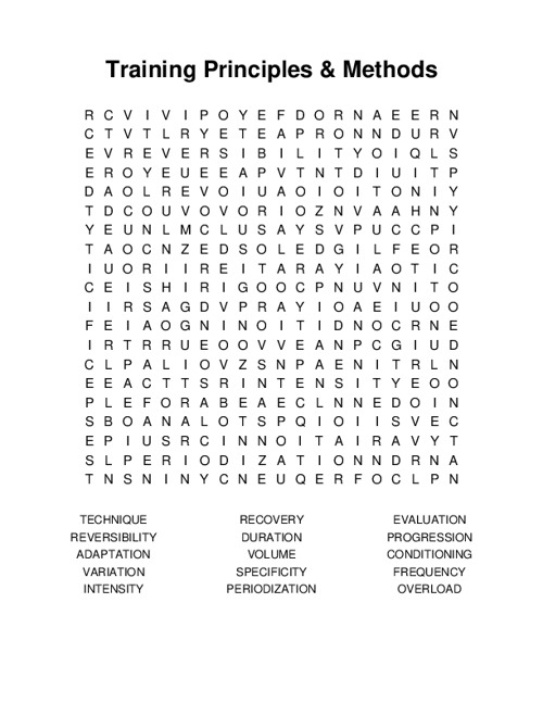 Training Principles & Methods Word Search Puzzle