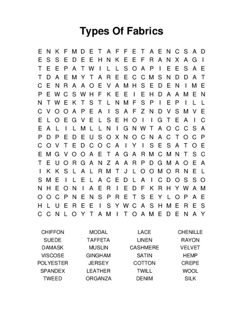 Types Of Fabrics Word Search Puzzle