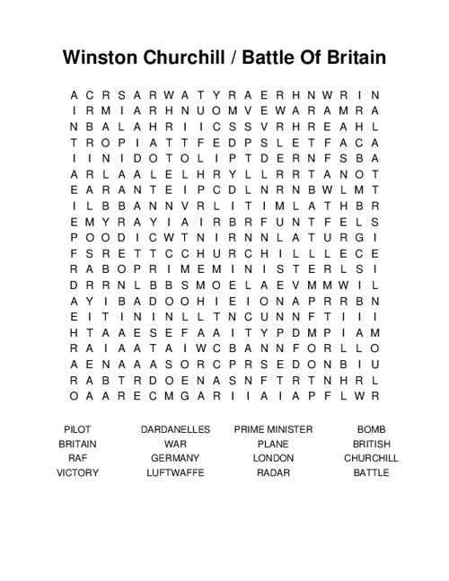 Winston Churchill / Battle Of Britain Word Search Puzzle