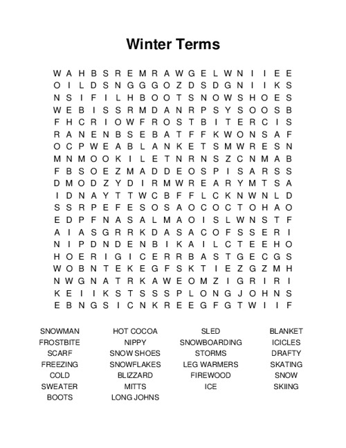 Winter Terms Word Search Puzzle