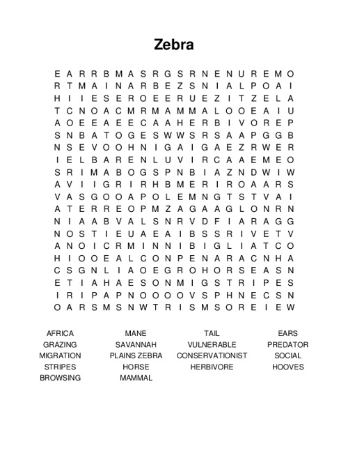 Zebra Word Search