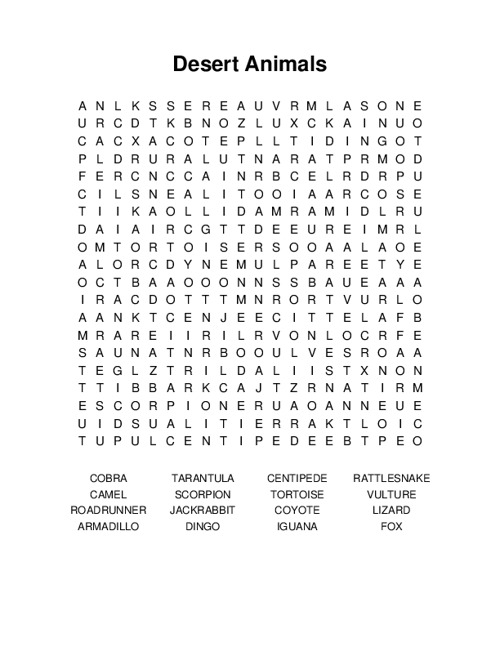 Desert Animals Word Search Puzzle