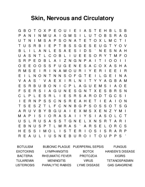 Skin, Nervous and Circulatory Diseases Word Search Puzzle