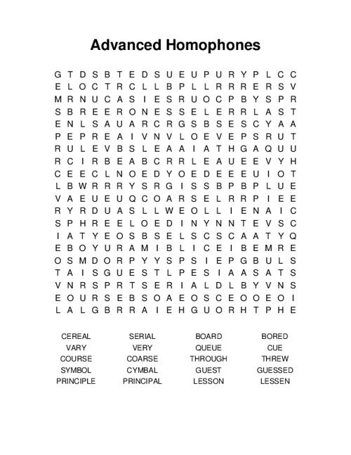 Advanced Homophones Word Search Puzzle