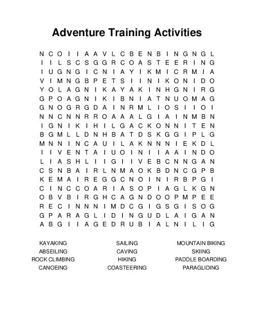 Adventure Training Activities Word Search Puzzle