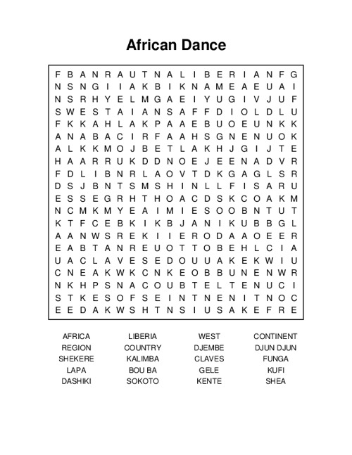 African Dance Word Search Puzzle