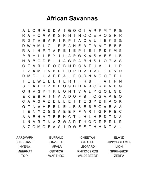 African Savannas Word Search Puzzle