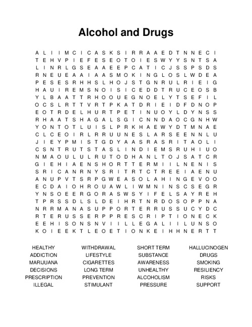 Alcohol and Drugs Word Search Puzzle