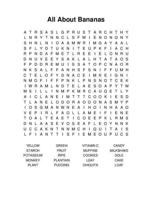 All About Bananas Word Search Puzzle