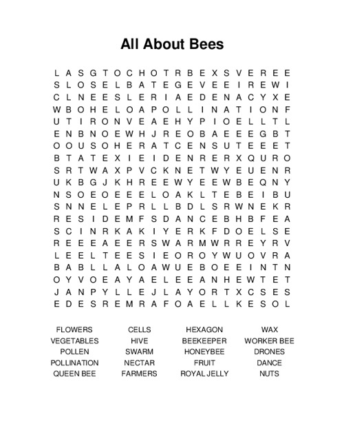 All About Bees Word Search Puzzle