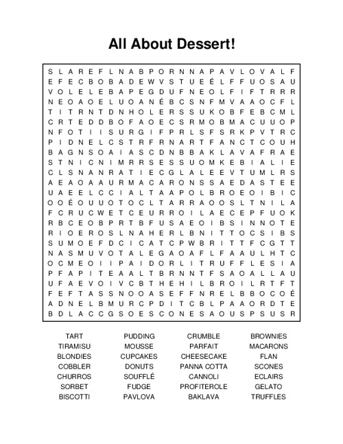 All About Dessert! Word Search Puzzle