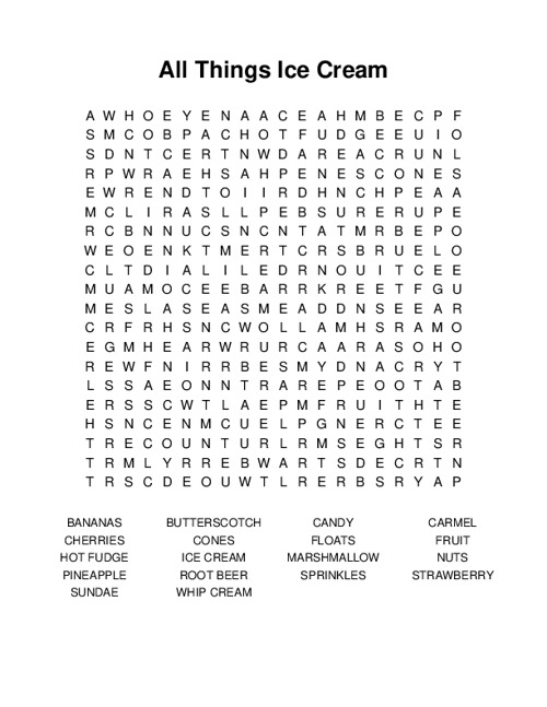 All Things Ice Cream Word Search Puzzle