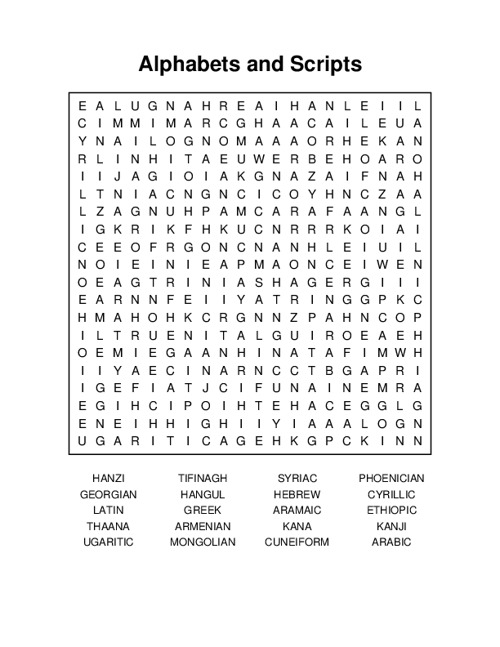 Alphabets and Scripts Word Search Puzzle