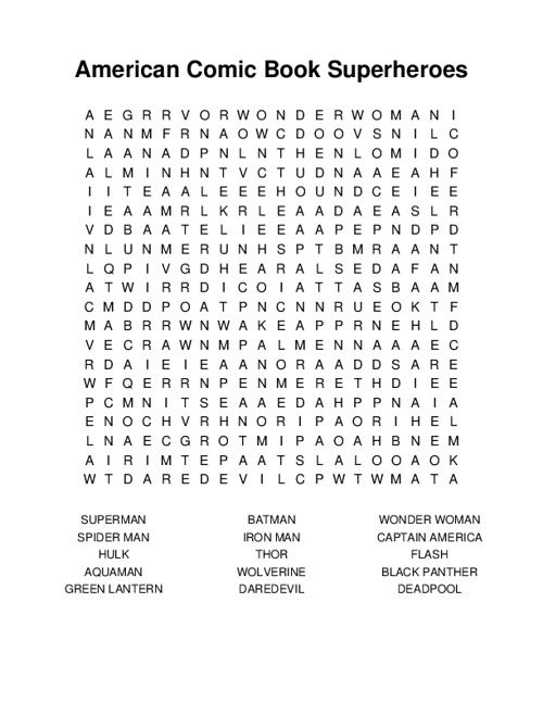 American Comic Book Superheroes Word Search Puzzle