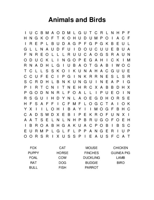 Animals and Birds Word Search Puzzle