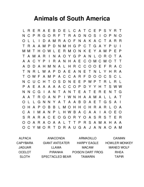 Animals of South America Word Search Puzzle