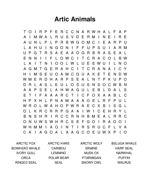 Artic Animals Word Search Puzzle