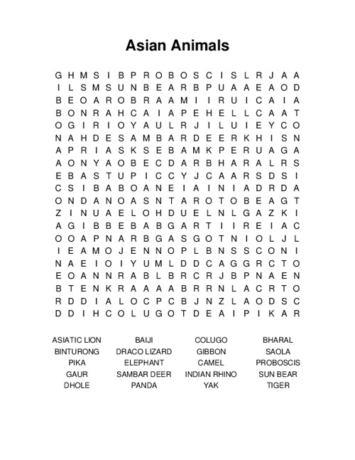 Asian Animals Word Search Puzzle