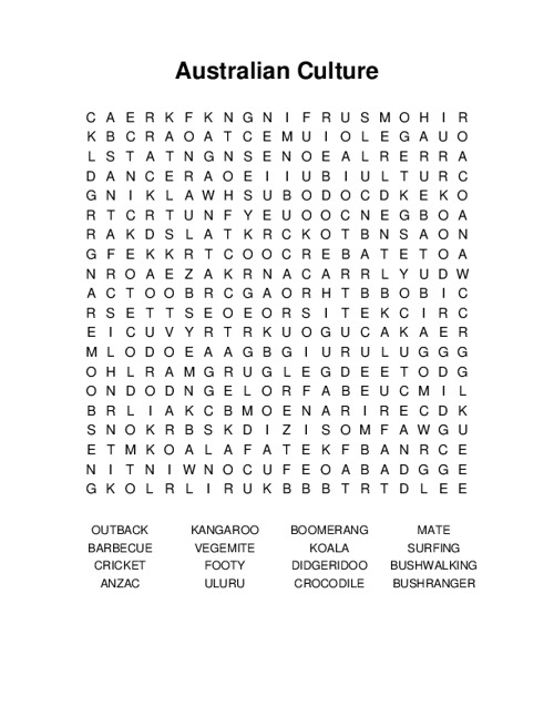 Australian Culture Word Search Puzzle