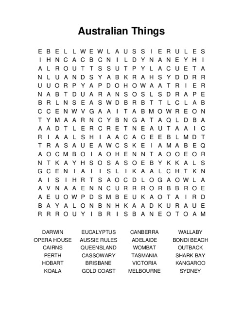 Australian Things Word Search Puzzle