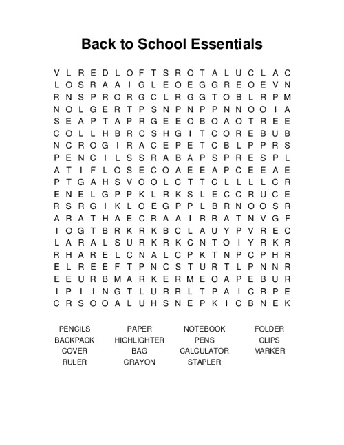 Back to School Essentials Word Search Puzzle