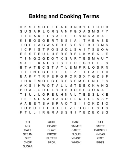 Baking and Cooking Terms Word Search Puzzle