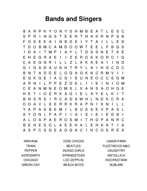 Bands and Singers Word Search Puzzle