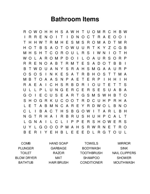 Bathroom Items Word Search Puzzle