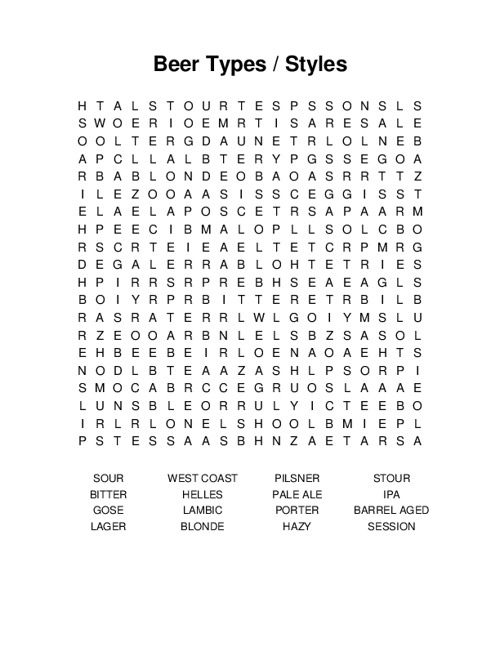 Beer Types / Styles Word Search Puzzle