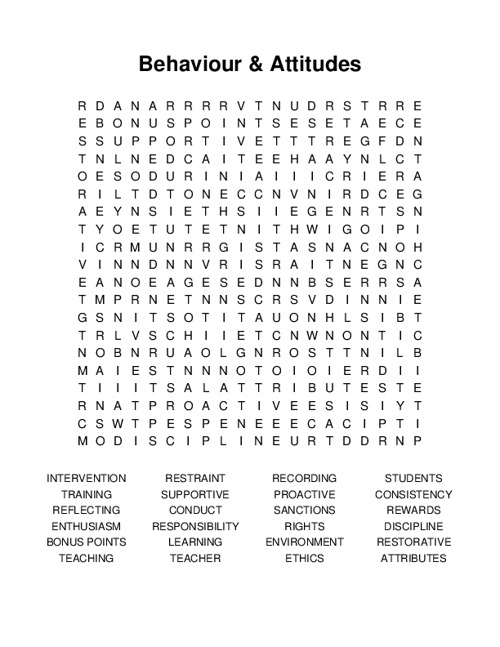 Behaviour & Attitudes Word Search Puzzle