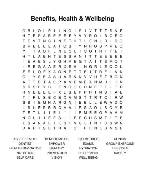 Benefits, Health & Wellbeing Word Search Puzzle