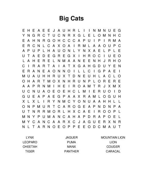 Big Cats Word Search Puzzle