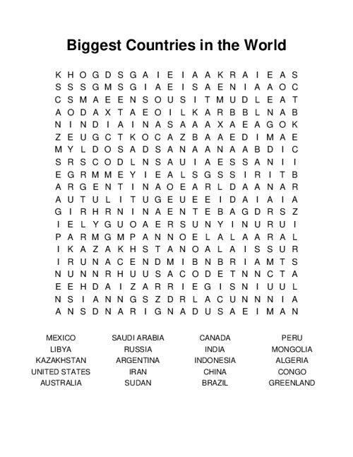 Biggest Countries in the World Word Search Puzzle