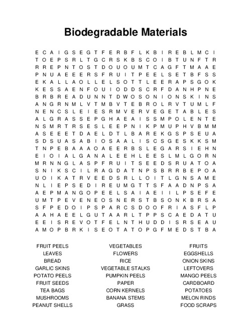 Biodegradable Materials Word Search Puzzle