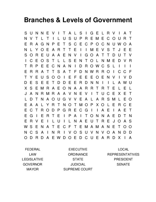 Branches & Levels of Government Word Search Puzzle