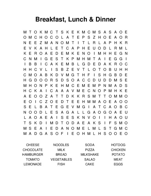 Breakfast, Lunch & Dinner Word Search Puzzle