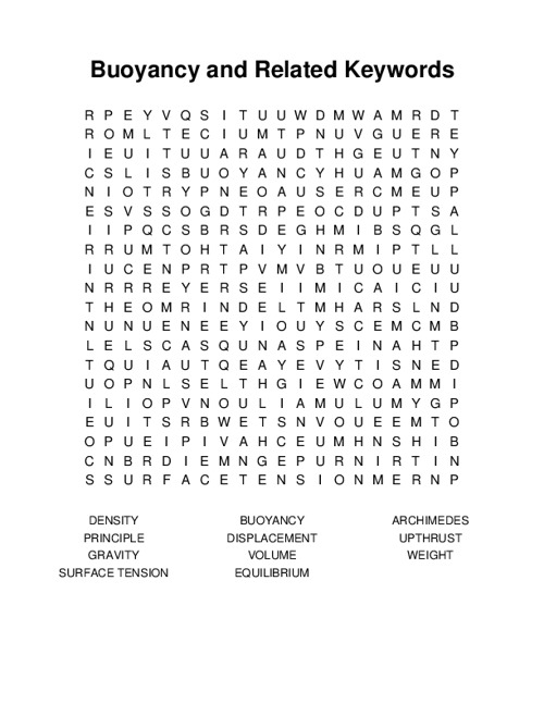 Buoyancy and Related Keywords Word Search Puzzle