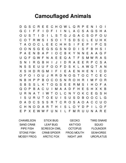 Camouflaged Animals Word Search Puzzle