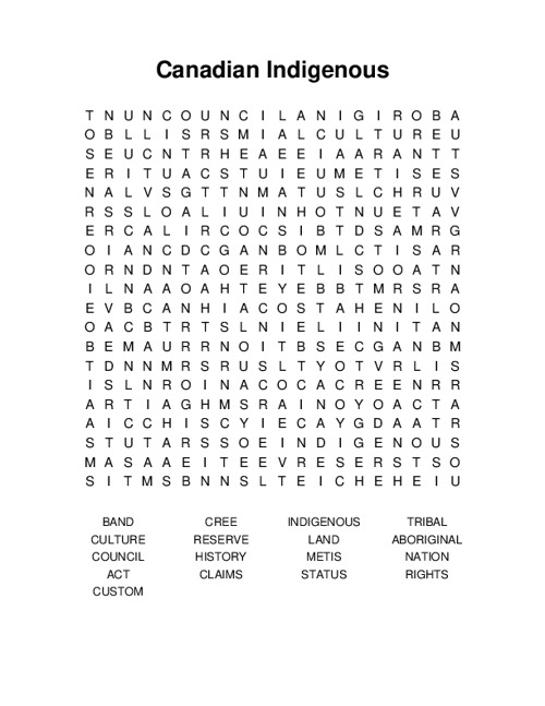 Canadian Indigenous Word Search Puzzle