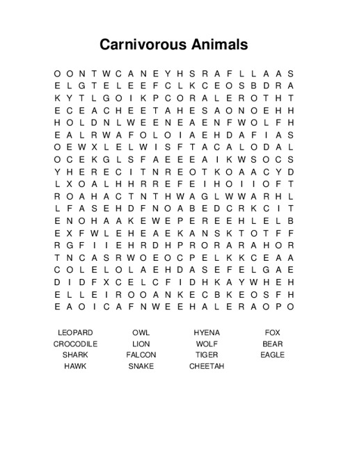 Carnivorous Animals Word Search Puzzle