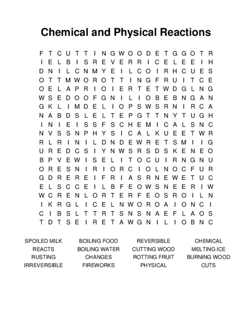 Chemical and Physical Reactions Word Search Puzzle