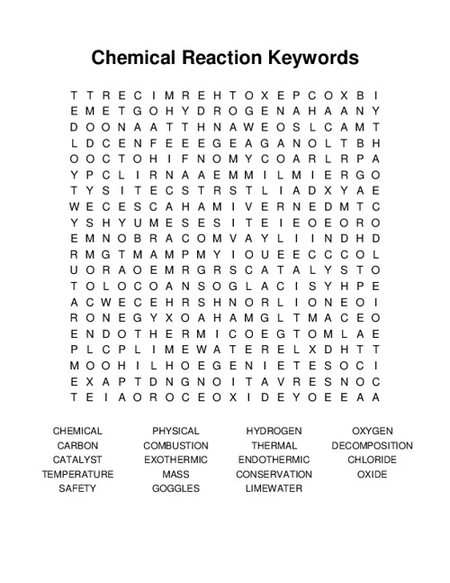 Chemical Reaction Keywords Word Search Puzzle