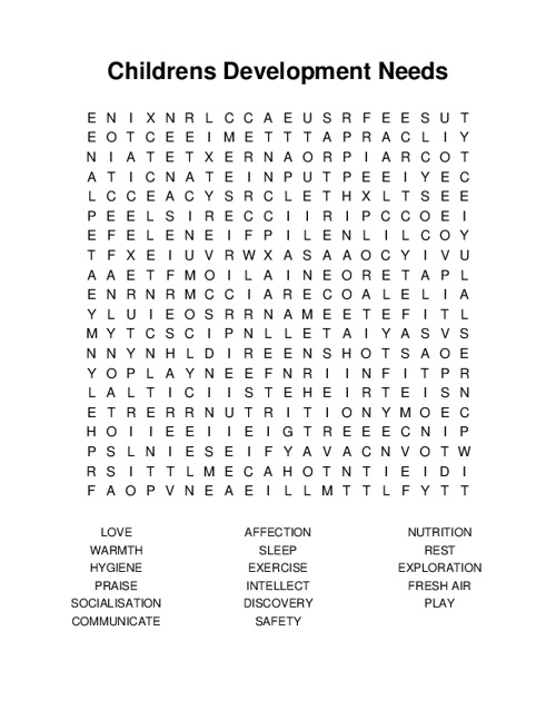 Childrens Development Needs Word Search Puzzle