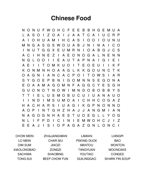 Chinese Food Word Search Puzzle