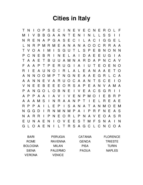 Cities in Italy Word Search Puzzle