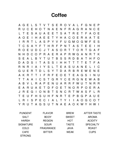 Coffee Word Search Puzzle