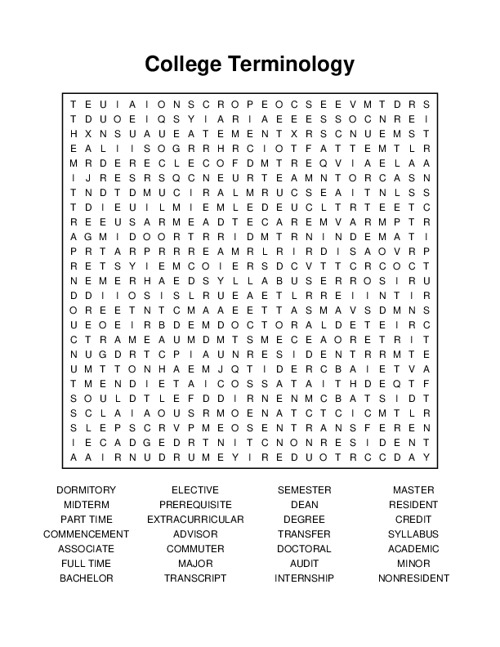 College Terminology Word Search Puzzle