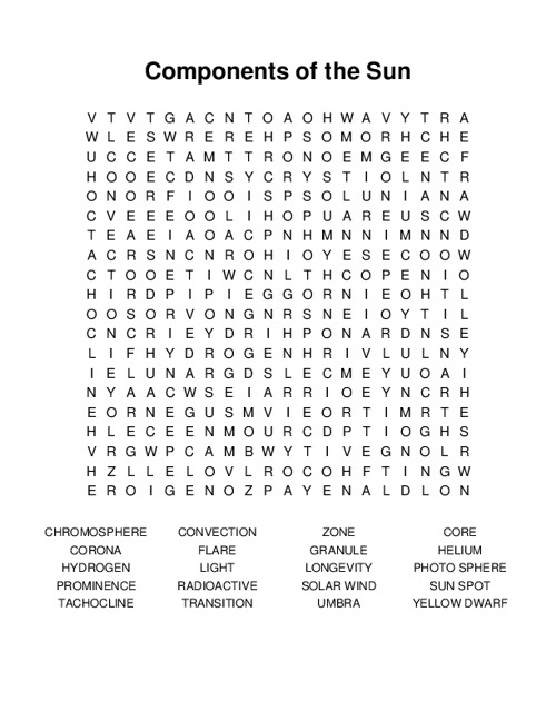 Components of the Sun Word Search Puzzle