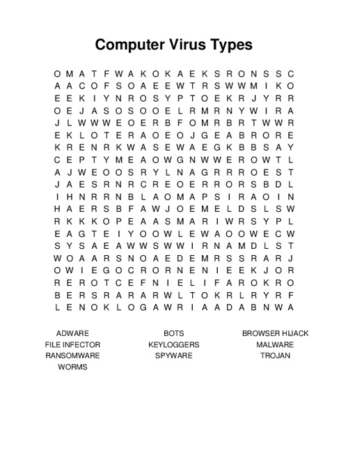 Computer Virus Types Word Search Puzzle