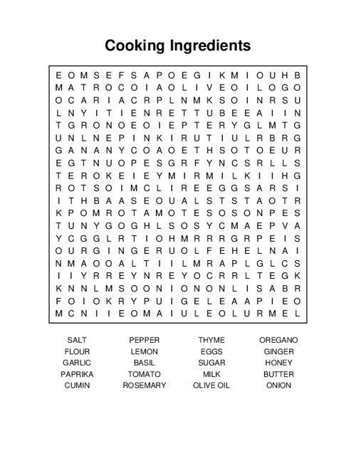 Cooking Ingredients Word Search Puzzle